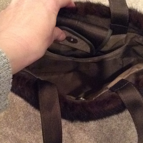 Brown mink fur trim handbag purse made from seatbelts - Picture 5 of 7